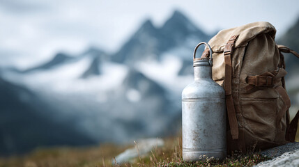 Adventure awaits. A rugged backpack and metal water bottle sit against a backdrop of majestic, snowcapped mountains. Perfect for travel, outdoors, and exploration concepts.
