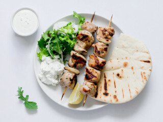 Juicy chicken kebabs accompanied by a bowl of refreshing tzatziki sauce.
