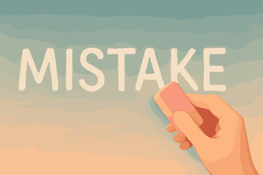 Hand Erasing Mistake Word Concept. Human Hand with Pink Eraser Removing Error Text. Overcoming Failure, Correction, Learning from Mistakes, Self Improvement, Forgiveness, Motivation, Change
