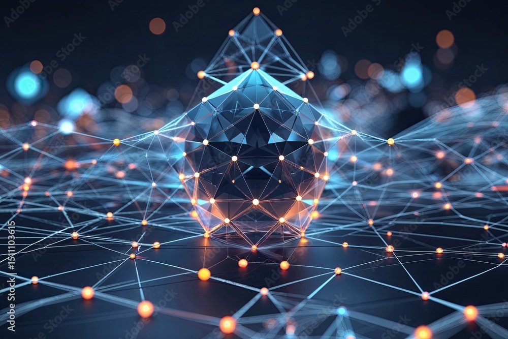 Poster innovative 3d digital ecosystem geometric network of lines and nodes visualization