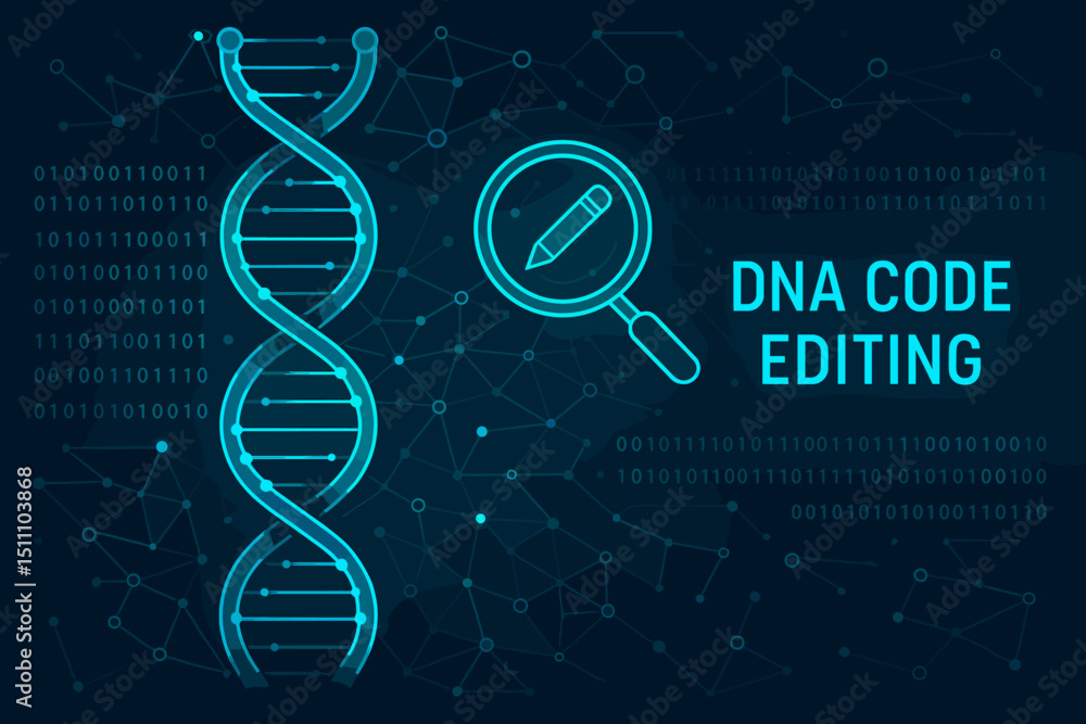 Poster dna code editing concept. genetic engineering and biotechnology innovation. double helix, binary cod