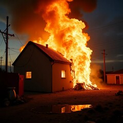 Bright flames erupt from a firehouse structure as darkness settles in, casting a warm glow across the surroundings and reflecting in the nearby puddle, creating an intense atmosphere Generative AI