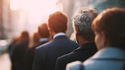A diverse group of people, mainly men, stand together on a sunlit street, backs to the camera. Focused on their backs and grey hair.