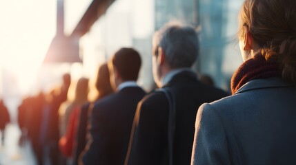 A group of business people commuting in the city. The bright lighting indicates morning or evening. Focus is on the shoulders and backs.