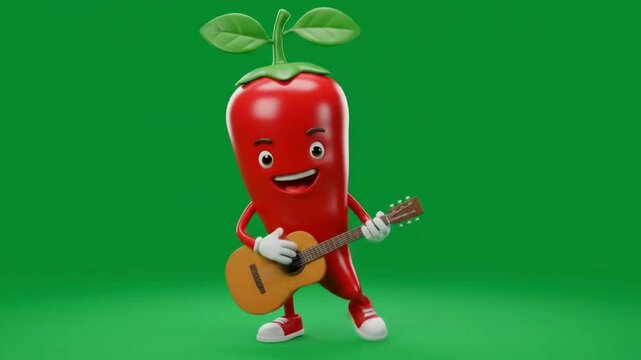 3d chili fruit character playing guitar green screne