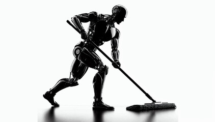 Fototapeta premium Black and white illustration of a humanoid robot that cleans the floor with a mop. Cyborg assistant with strong artificial intelligence on a white background. Vector graphics. EPS.