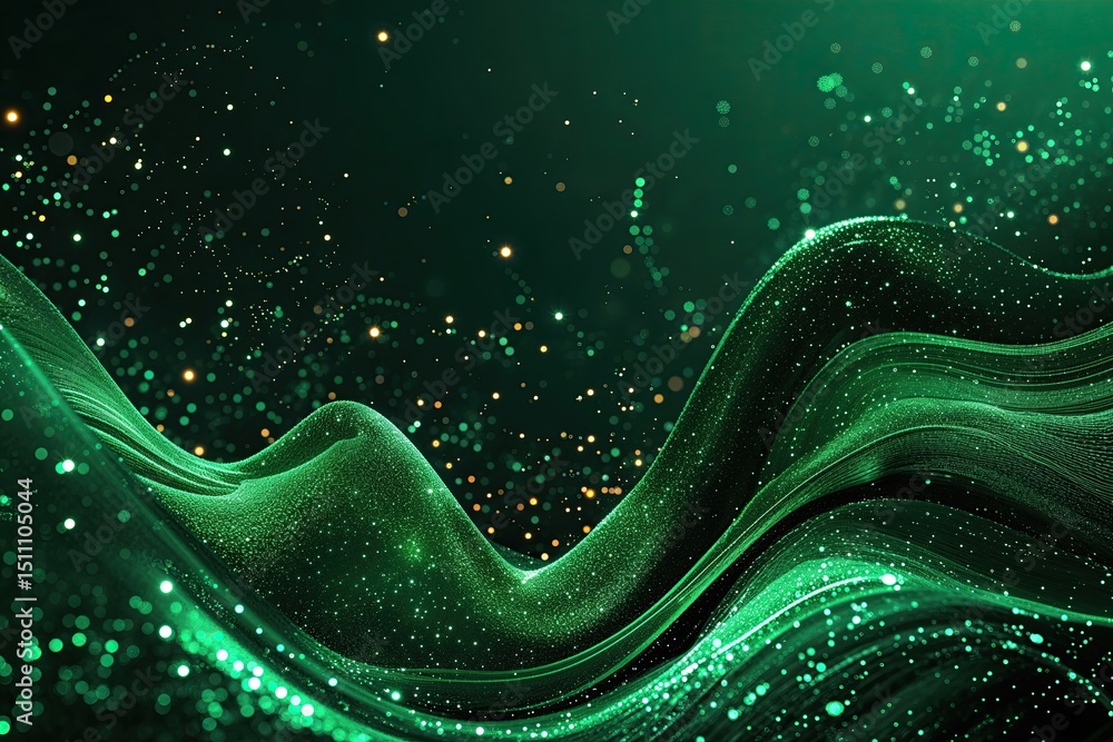Poster futuristic deep green abstract background with shimmering particles and flowing waves