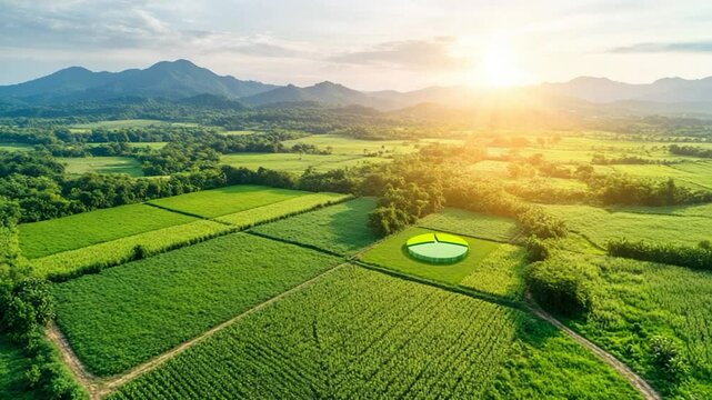 Agricultural land aerial perspective with crops in rural setting