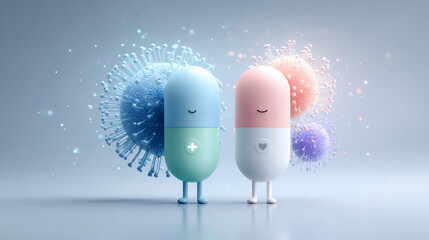 Cute Medicine Pill Characters with Virus Background