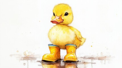 cute watercolor duckling wearing rain boots, white background
