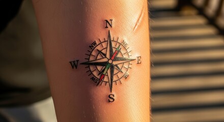 A person's arm with a compass tattoo, indicating a sense of direction and guidance. The detailed artwork features the cardinal directions, offering a visual of navigation