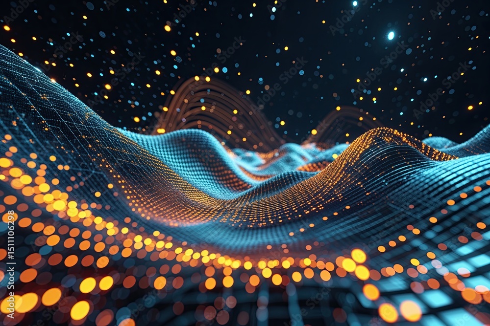 Poster futuristic digital wave of particles with grid patterns in dark space background