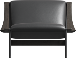 Front view of wooden black leather armchair