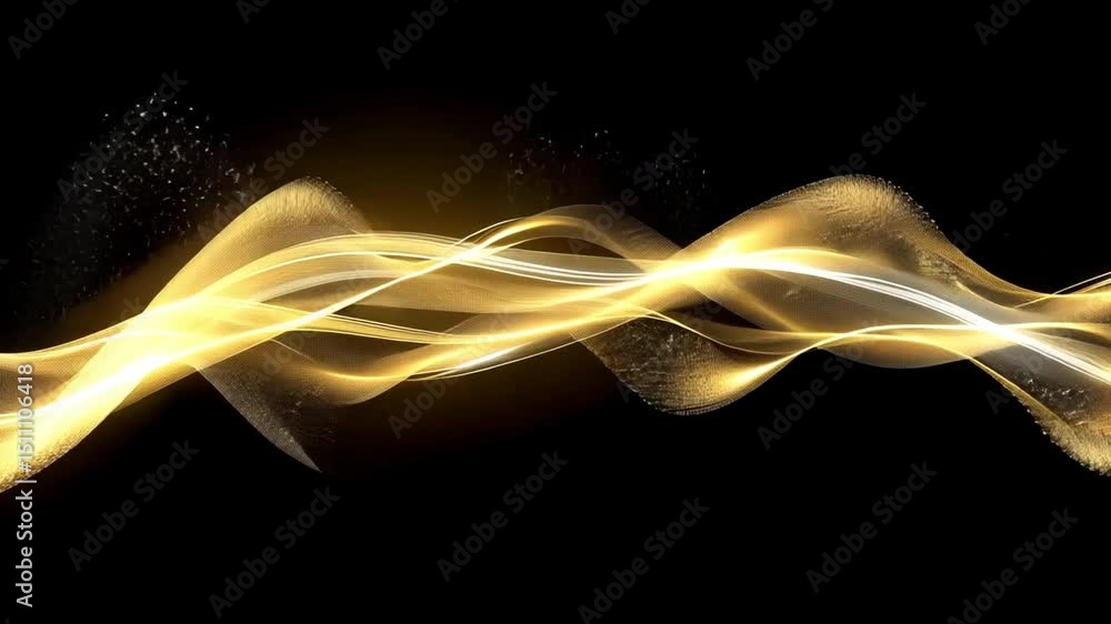Poster golden wave design with smooth curves and shimmering particles creates elegant motion, perfect for a