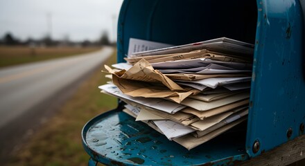 Naklejka premium Overstuffed Blue Mailbox by the Country Road: A Day in the Life of Rural Mail Delivery
