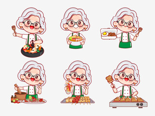Cute cartoon Grandmother chef cooking for logo cartoon. Street food Logo design premium vector.