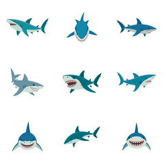 set of Shark vector design, vector, shark, fish, pattern, illustration, bird, animal, seamless, design, sea, flying, art, silhouette, icon, nature, birds, blue, ocean, symbol, water