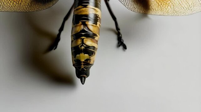 Detailed close-up of a dragonfly with patterned wings and segmented body against a plain backdrop, showcasing insect anatomy