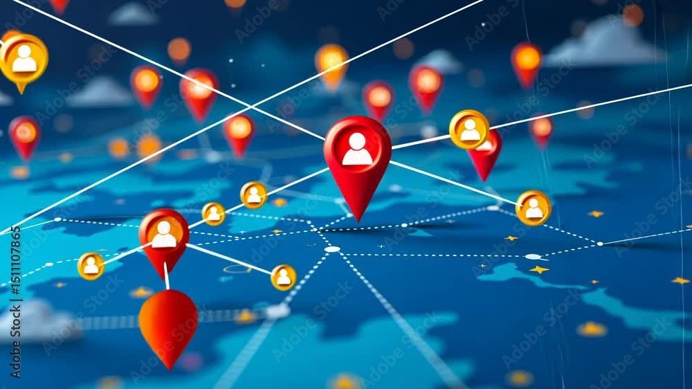 Poster dynamic movement shot of a series of pins connecting with white lines over a detailed global network