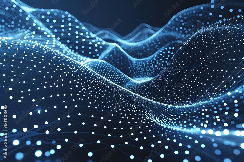 Poster futuristic technology illustration of dynamic wave design with shifting dots and lines in a network 