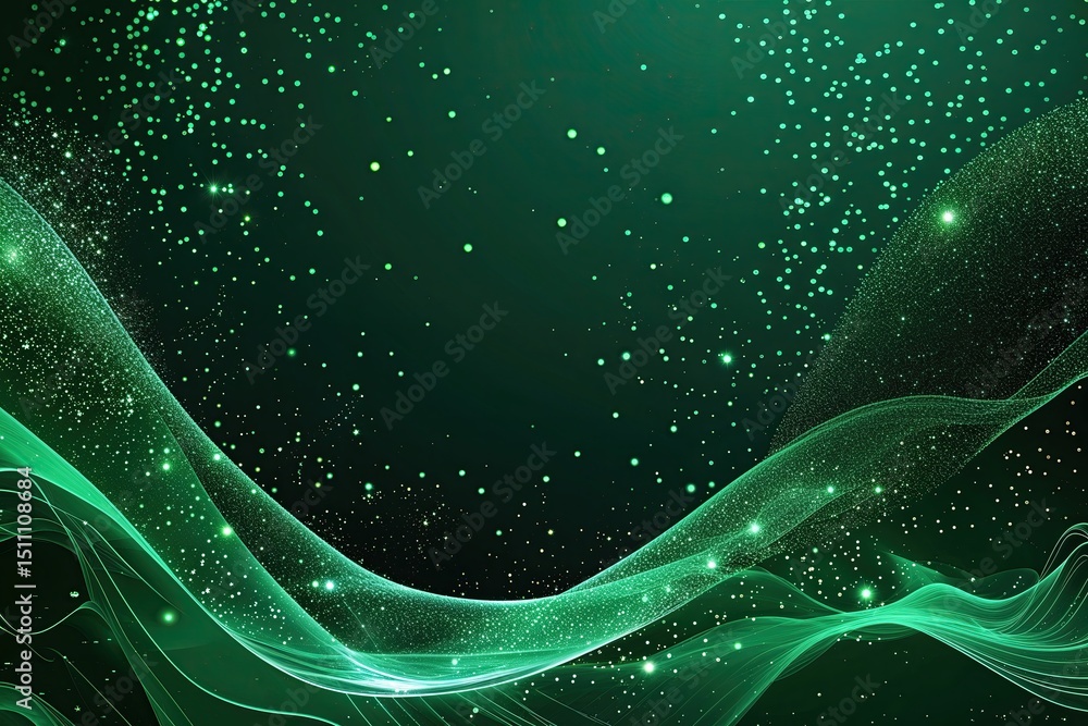 Aufkleber futuristic deep green abstract background with shimmering particles and flowing waves
