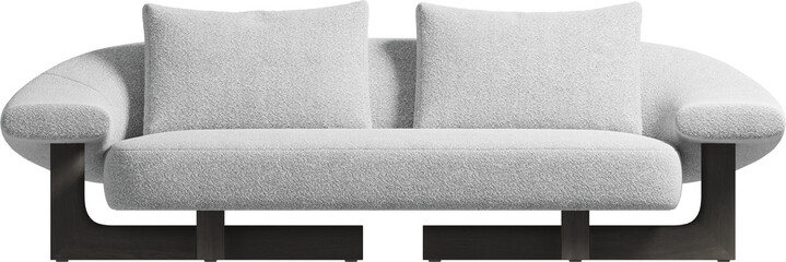 Front view of a modern boucle upholstered sofa
