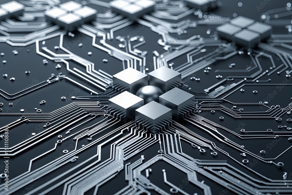 Poster advanced quantum digital innovations with modern silver circuit background and dynamic technology de