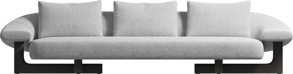 Front view of a modern boucle upholstered sofa