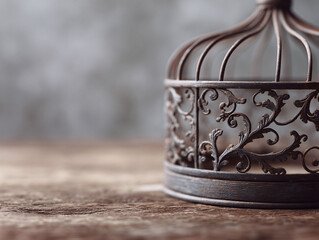 Rustic metal birdcage detail on wooden surface. Conceptual for freedom, captivity, or ornate design. Use for backgrounds, blog headers, or inspirational themes.