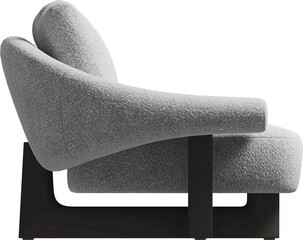 Side view of a modern boucle upholstered armchair