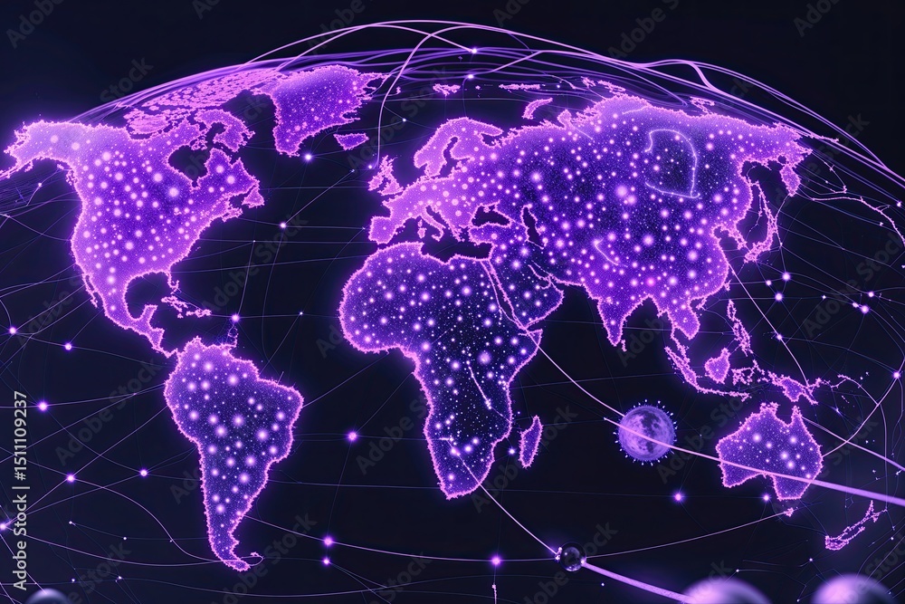 Poster innovative digital sphere map with illuminated violet design showcasing advanced technology and orga