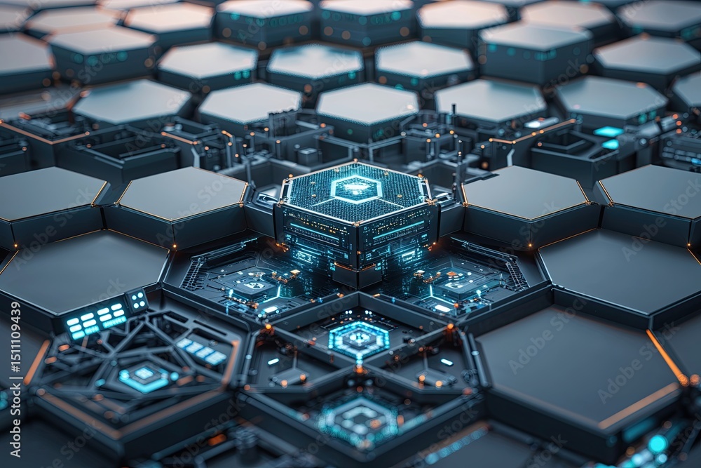 Poster futuristic hexagonal background featuring 3d digital modules network structures and geometric techno