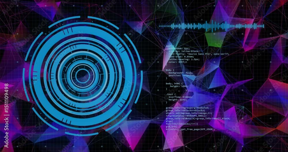 Poster Opening translucent blue HUD interface initiating scrolling code fading waveform showing data load