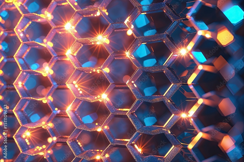 Poster vibrant hexagonal mesh design featuring eye catching light effects and geometric patterns