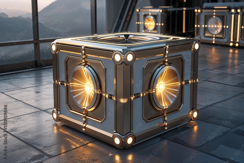 Poster illuminated metallic cube surface with futuristic design
