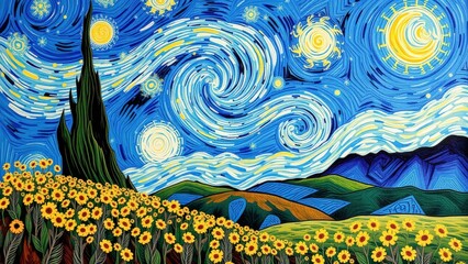 Vibrant Starry Night with Sunflowers A Modern Impressionist Artwork