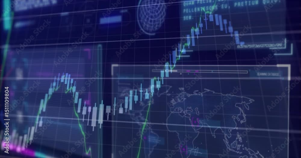 Poster at third second map grid lines hovering, candlestick forming, green line mirroring % labels trends