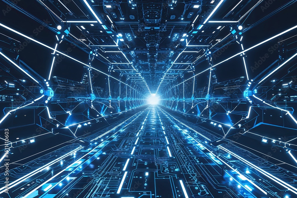 Poster futuristic techno circuit 2d artwork with dynamic blue design and connectivity patterns