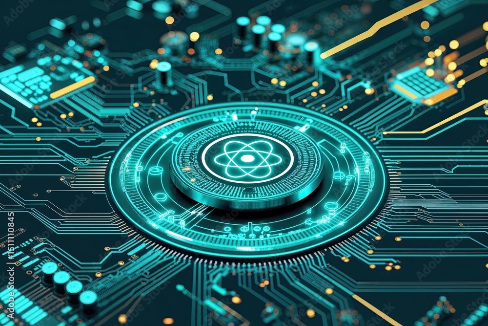 Poster quantum technology revolution strategy with energetic teal circuit overlay and advanced tech motif