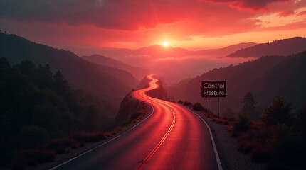 Winding road at sunset with control pressure sign.  Scenic highway curves through mountains bathed in warm sunset light. Control pressure is crucial for safe journey.
