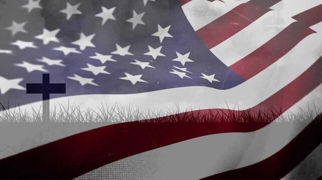 Upon cross silhouette appearing, US flag emerging gently waving in flat design commemorating heroes