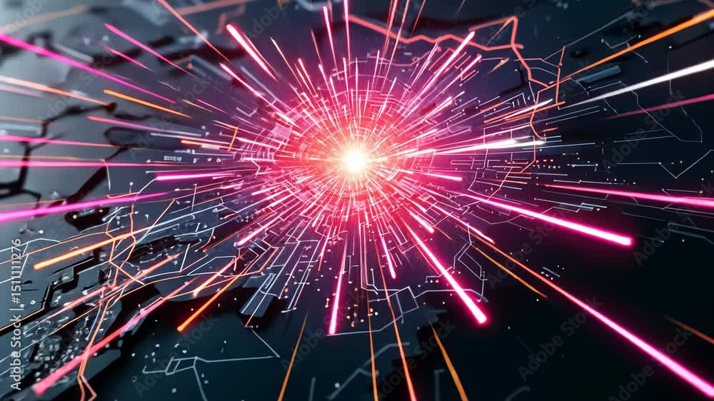 Poster dynamic shot of glitching map with red and orange lines emanating from a central point on a cracked 