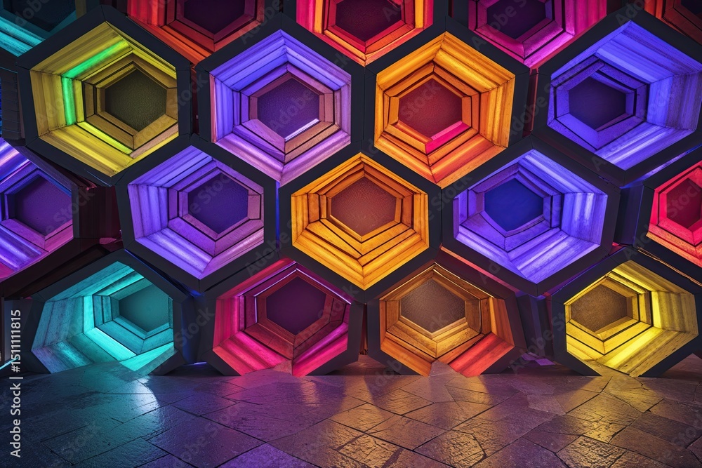 Poster vibrant illuminated hexagon structure with colorful geometric design