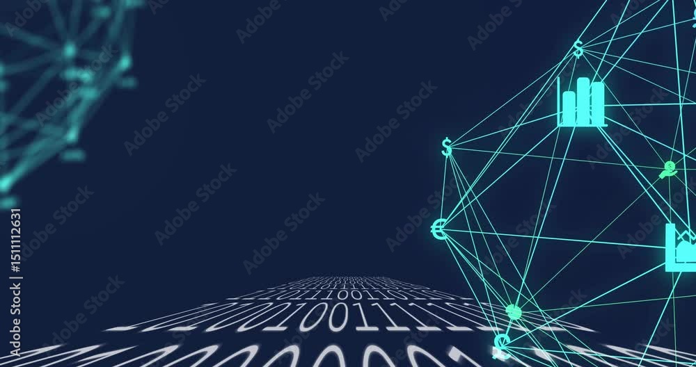 Poster binary digits scrolling wireframe forming currency globe, stats icons rising visualizing markets