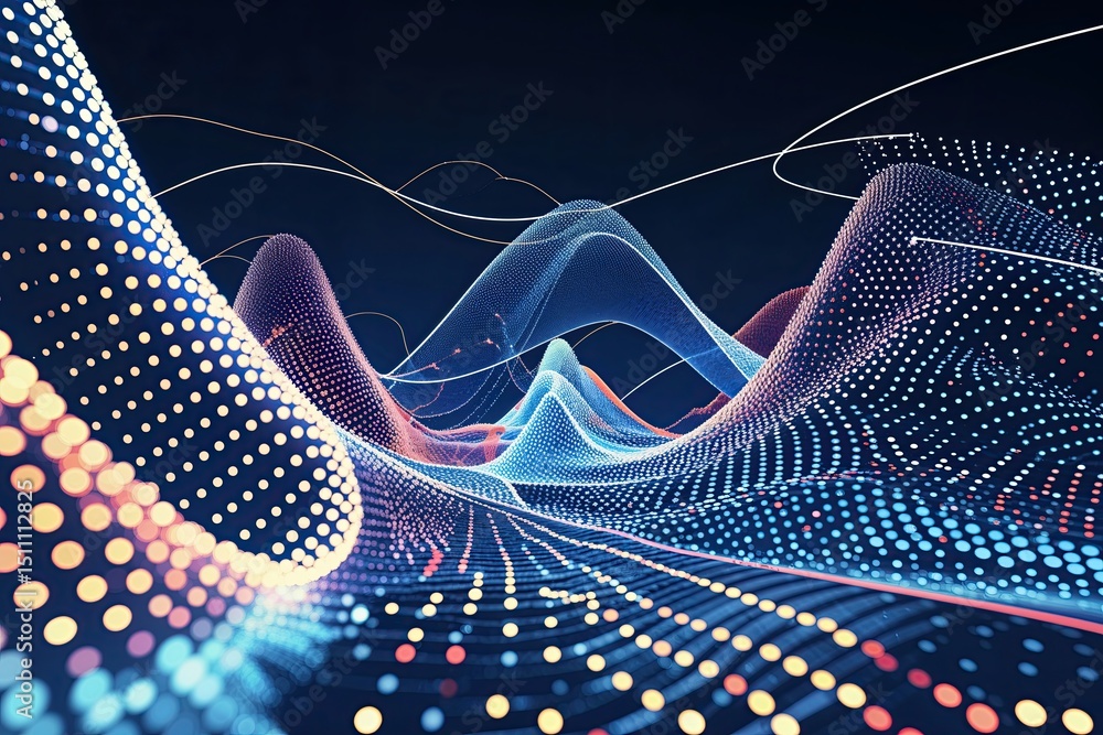 Poster intricate wave patterns with dots and lines in a futuristic digital environment