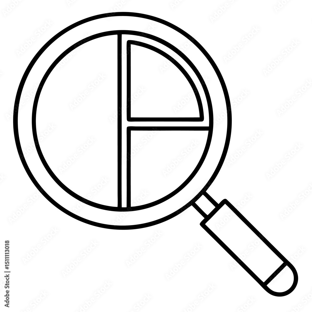 Poster magnifying glass with pie chart inside data analysis research