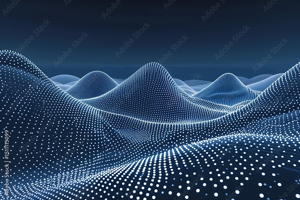 Poster cyber landscape with rhythmic waves and oscillating dots and lines