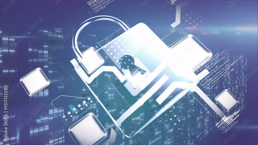 Poster floating squares brightening causing central square morphing into rotating 3d padlock securing data