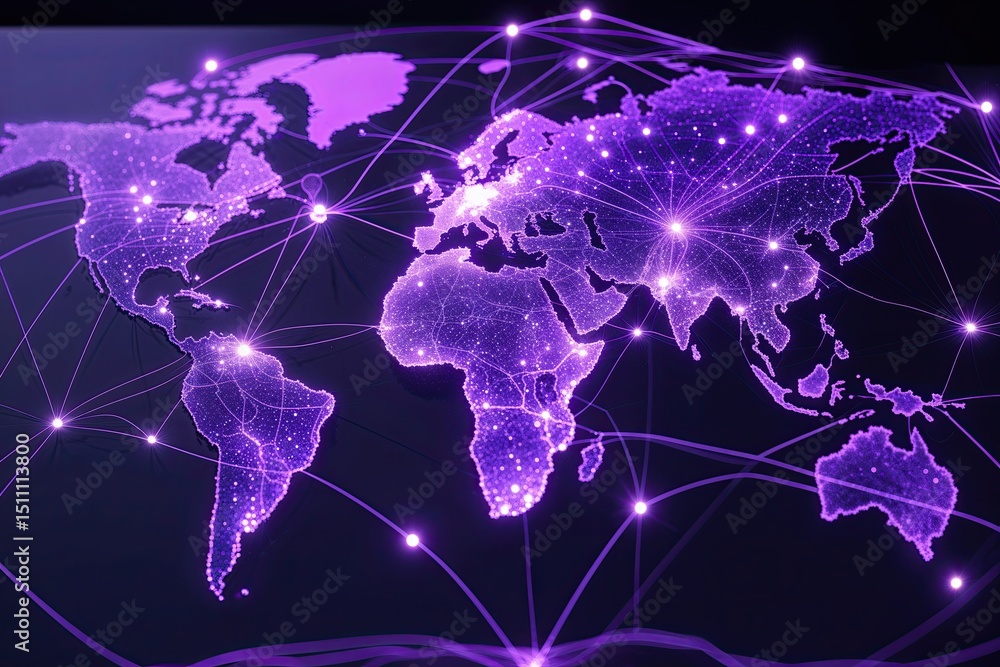 Poster futuristic digital map of spheres and threads in illuminated violet design showcasing advanced techn