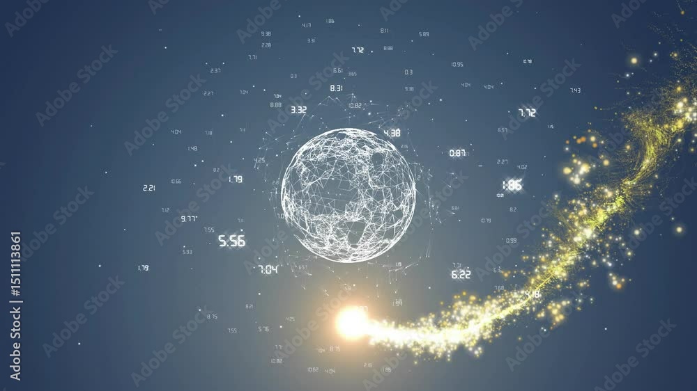 Poster numeric data drifting pulling golden orb spiraling around mesh sphere forming data halo
